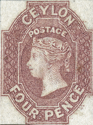 The Ceylon 'Dull Rose' - the 1857-59 Pence-issue 4d (SG 4), issued 23 April 1859 - an example of the rarity, of which ~10 mint survive.