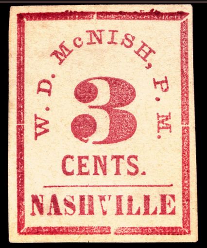 A 3c Nashville, Tennessee postmaster provisional of 1861 (CSA catalog 4AX1) - a representative Confederate postmaster provisional; the comps this constituent cites (Nashville 5c patriotic cover, Greenville 5c unused) are not pictured.