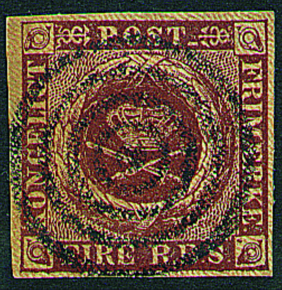 Denmark's 1851 4 Rigsbank-Skilling brown 'Fire R.B.S.' - the design engraved by M.W. Ferslew; whether this copy is the Ferslew printing or the later Thiele printing is not stated by the source.