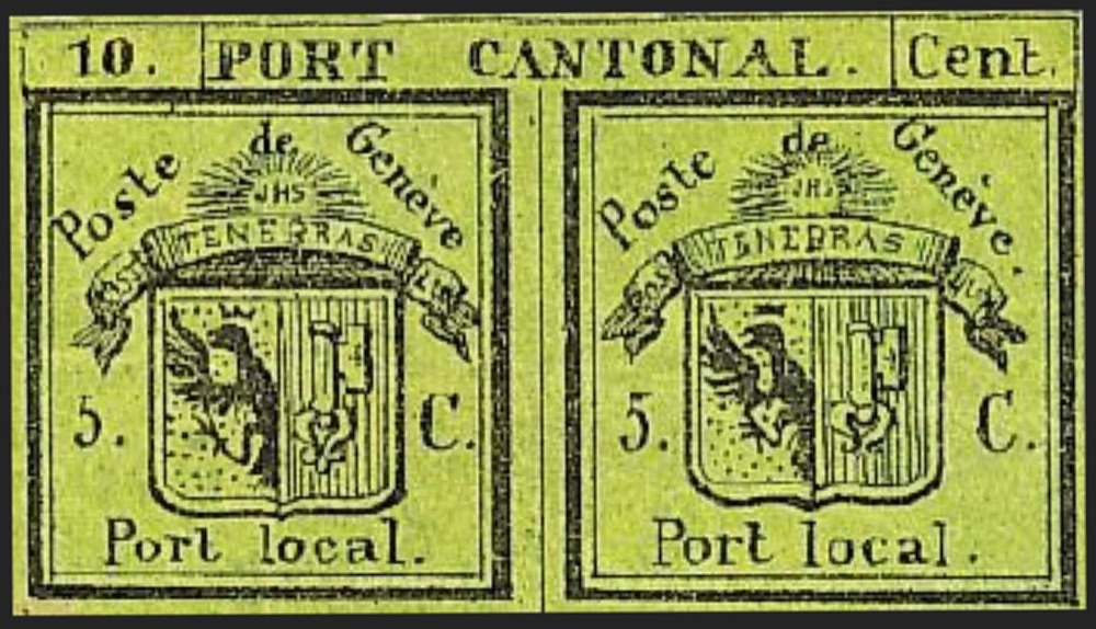 An intact 1843 'Double Geneva' - the 5+5c black on yellow-green double stamp of the canton of Geneva - an example of the issue in the intact 'double' form the record lot carries.