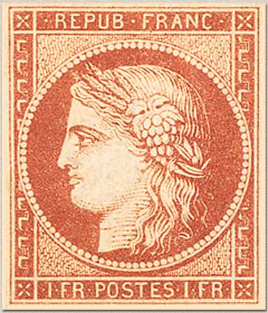 The 1849 Ceres 1-franc vermillon (Yvert 7) - an example of the shade withdrawn almost immediately after issue.