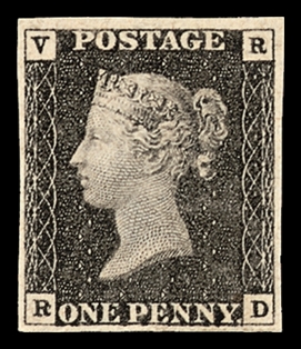 The 1840 'VR Official' Penny Black (SG V1) with V and R in the upper corners, this copy lettered R-D - an example of the unissued official (~33 possible survivors).