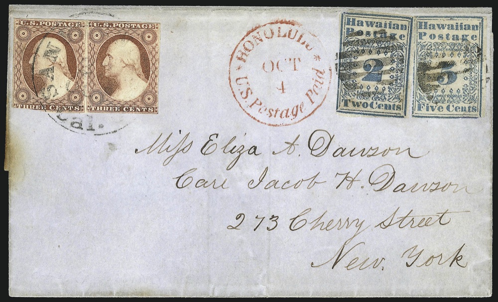 The Dawson Cover itself - the unique 1852 cover to Miss Eliza A. Dawson, New York, bearing the only known Hawaiian 2c Missionary on cover alongside a 5c Missionary and a pair of US 3c stamps, with the red Honolulu 'U.S. Postage Paid' datestamp.