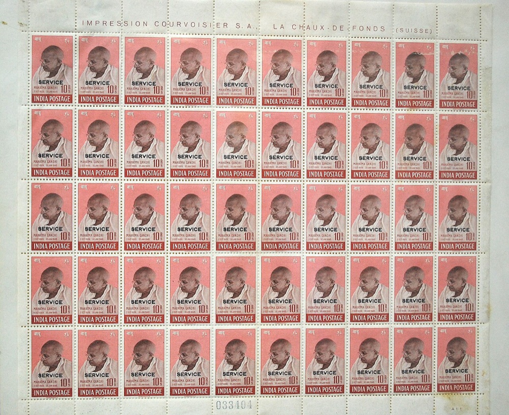 A pane of 50 of the 1948 Gandhi 10-rupee with the SERVICE overprint - half of the single sheet of 100 overprinted for the Governor-General's Secretariat; the constituent prices a mint single from those ~100.