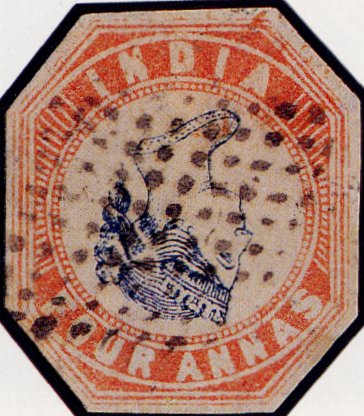 The 1854 India 4-annas with the Queen's head inverted, cut octagonal - an example of the lithographed Inverted Head error.