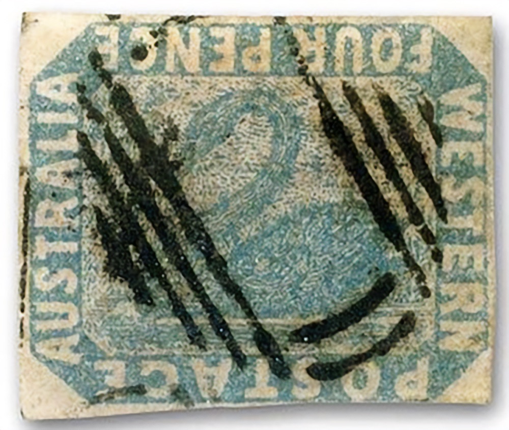 A used example of the Western Australia 4d blue Inverted Swan frame-invert error (SG 4a), held by the State Library of New South Wales - another example of the roughly 15 known, not the Vestey copy whose 2015 sale prices this constituent. The frame text reads upside down while the swan is upright.