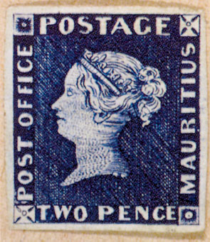 An unused example of the 1847 Mauritius 2d deep blue 'POST OFFICE' from the British Royal Family's collection - another example of the issue, not the Kanai specimen whose 1993 sale prices this constituent.