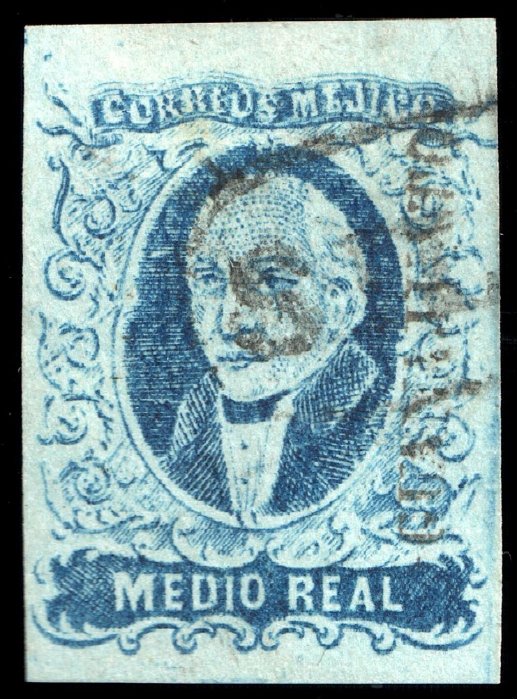 The 1856 Mexico medio-real blue Hidalgo (Scott 1) with district overprint, used - an example of the first issue, whose values each carry a district overprint as the basket identifier notes.