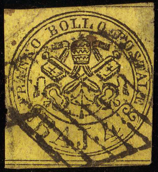 A grid-canceled 4-bajocchi of the Papal States 1852 first issue (Yvert 5), papal-arms design - an example of the issue; the unique mint sheet of 50 named by this constituent is not pictured.