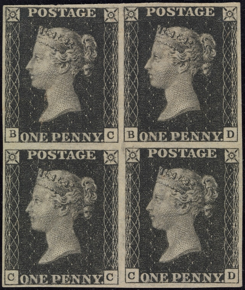 An unused imperforate block of four 1840 Penny Blacks (plate letters B-C, B-D, C-C, C-D), from the Metropolitan Museum of Art collection - examples of the issue, not the first-day cover whose 2017 sale prices this constituent.