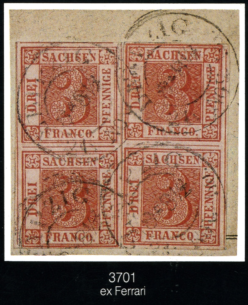 Two used pairs of Saxony's 1850 3-pfennige red 'Sachsendreier' with Leipzig cancels, ex-Ferrary - examples of the issue, not the record Chemnitz strip of four.