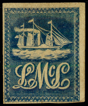 The 1847 'Lady McLeod' 5c blue ship local of Trinidad, showing the LM steamship vignette - an example of the issue.