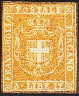 The 1860 Tuscany 3 lire ochre (Scott 23 / Sassone 20) - the top value of the provisional-government issue, of which only a handful of unused examples survive.