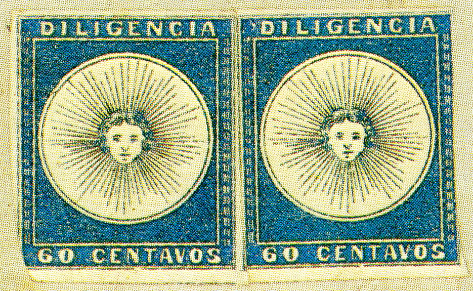 An unused pair of the 60-centesimos blue Diligencia stagecoach issue - the 1857 Type II printing (Michel 4), from a cover to Salto - an example of the Diligencia issue, not the 1-real key value.