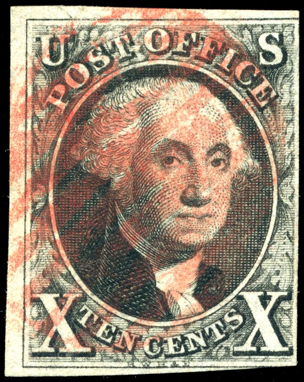 A used example of the US 1847 10c black George Washington (Scott 2), four margins, with a red cancel - the same class of four-margin used example the Scott guide value prices.