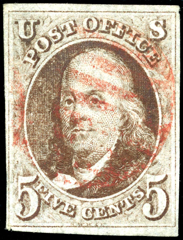 A used example of the US 1847 5c red-brown Benjamin Franklin (Scott 1), four margins, with a red grid cancel - the same class of four-margin used example the Scott guide value prices.