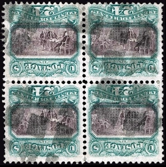 A used block of four of the 1869 24c green & violet 'Declaration of Independence' with inverted center (Scott 120b) - examples of the error; the constituent counts ~4 known unused singles.