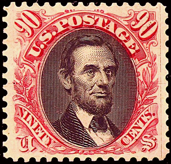 The 1869 Pictorial 90c carmine & black Lincoln (Scott 122) - an example of the stamp; the unique 'Ice House' cover named by this constituent is not pictured.