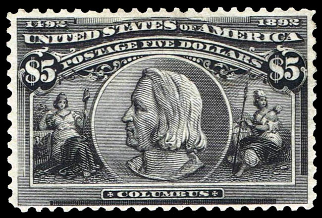 The $5 black Columbian (Scott 245) with the portrait of Columbus - the crown of the World's Columbian Exposition set this constituent prices.