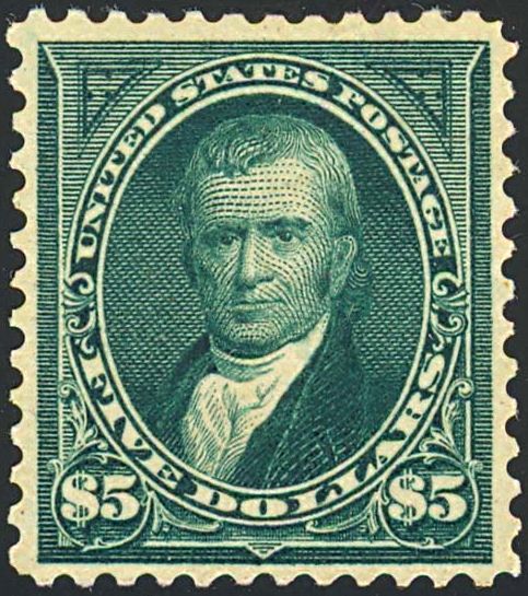 The 1894 $5 dark green John Marshall (Scott 263), the unwatermarked Bureau printing - an example of the issue.