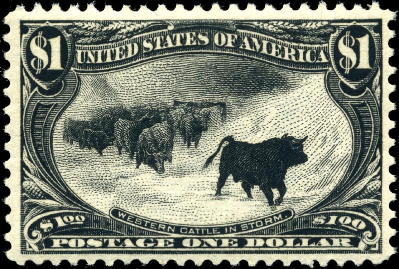 The 1898 Trans-Mississippi $1 black 'Western Cattle in a Storm' (Scott 292) - an example of the issue.