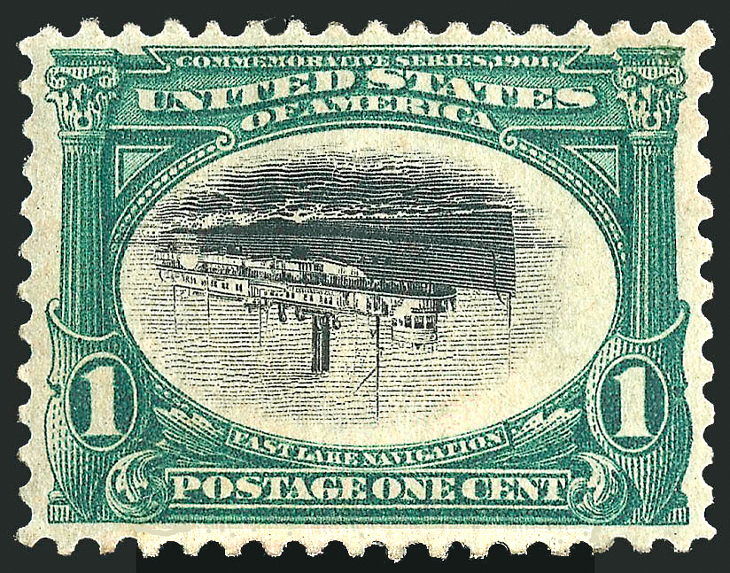 The 1901 Pan-American 1c green & black with the 'Fast Lake Navigation' steamship center inverted (Scott 294a) - an example of the error, not the PSE XF 90 copy priced by this constituent.