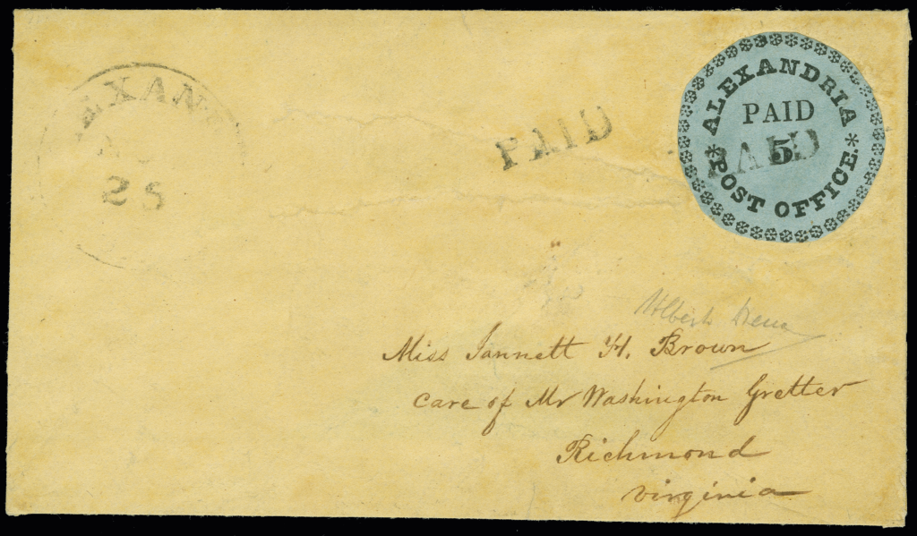 The Alexandria 'Blue Boy' itself - the only known 1847 Alexandria postmaster's provisional on blue paper, on its cover to Jannett Hooff Brown. This is the pictured object priced by this constituent.
