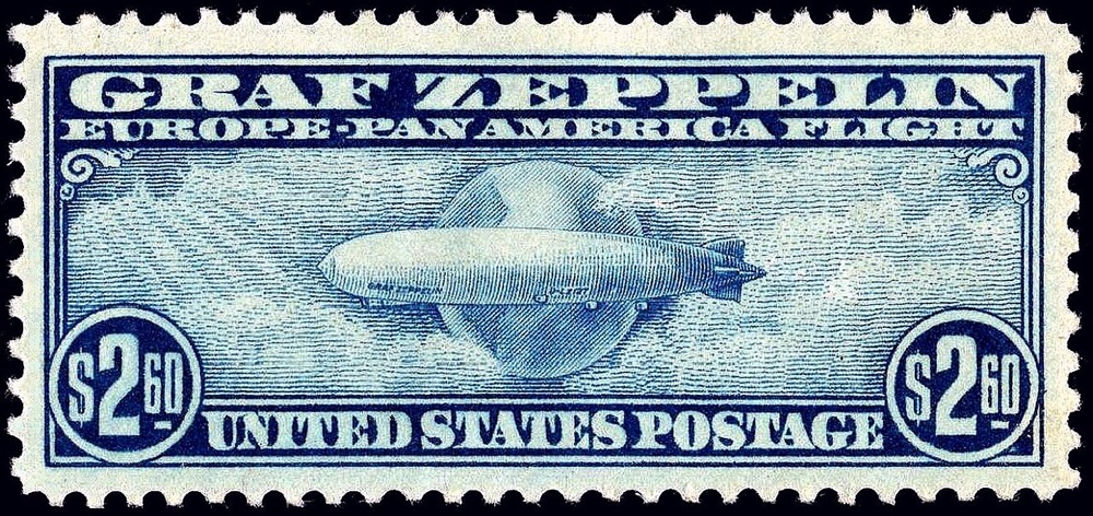 The $2.60 blue Graf Zeppelin airmail of 1930 (Scott C15), the key value of the C13-C15 set this constituent prices.