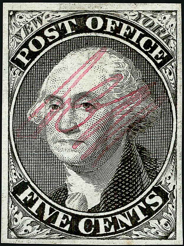 The 1845 New York postmaster's provisional 5c black Washington - an example of the most-used postmaster provisional; the 'ACM' initials of the priced variety are not verified on this copy.