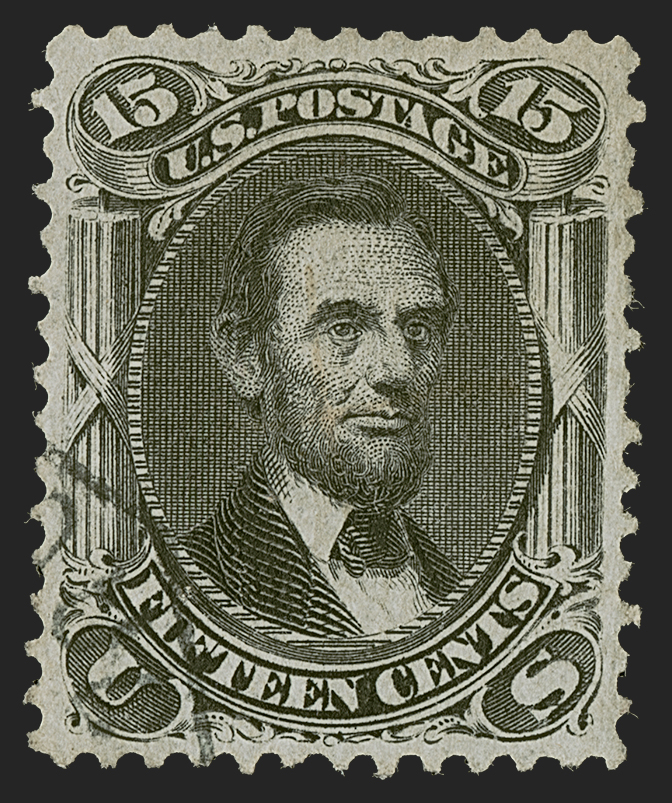 The used 1868 US 15c black Lincoln Z Grill (Scott 85F) held in a private collection - one of only two known examples of the denomination. The Z grill impression is on the back and not visible in this front view.