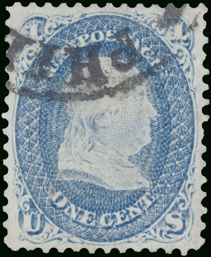The 1868 US 1c blue Franklin Z Grill (Scott 85A) from the William H. Gross collection - the privately held example of the two known, the very stamp whose June 2024 sale prices this constituent (the other copy is in the New York Public Library).