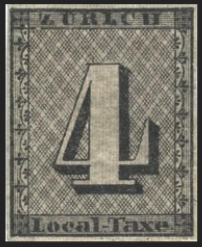 The 1843 'Zurich 4' cantonal 4-rappen (Zumstein 1) - an example of the issue, not the unique rosette-handstamp cover that prices this constituent.